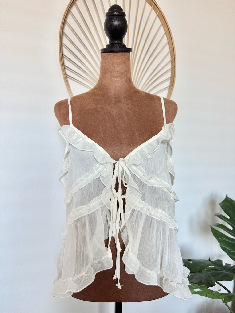 Ivory Lightweight White Ruffled Tie-Front Camisole - Women’s Tank Top